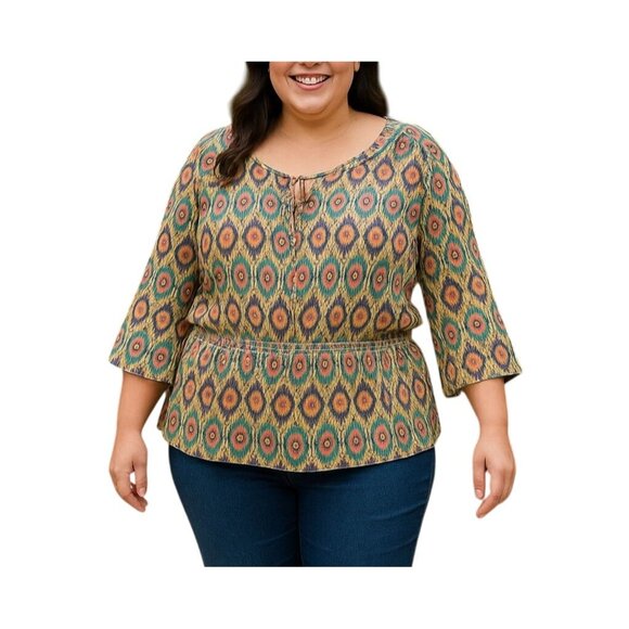 Jaclyn Smith Ikat-Print Peasant Blouse With Tie Neck & Smocked Waist X-Large - Picture 1 of 8